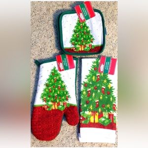 Christmas Tree Oven Mitt Towel Pot Holder Hot Pad Kitchen Linen 4 pc Set New